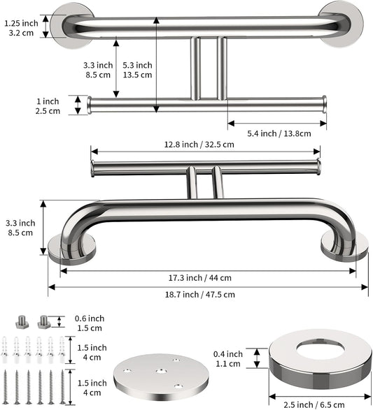 Brushed Nickel Handicap Grab Bar with Toilet Paper Roll Holder | 2-in-1 Safety Bar 17 Inch, Stainless Steel, Bathroom Toilet Grab Bar for Senior Elderly, Balance Support Handle, Wall Mounted