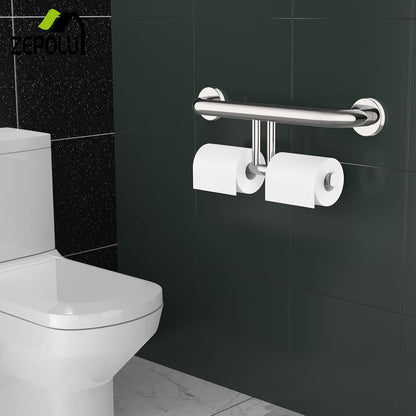 Brushed Nickel Handicap Grab Bar with Toilet Paper Roll Holder | 2-in-1 Safety Bar 17 Inch, Stainless Steel, Bathroom Toilet Grab Bar for Senior Elderly, Balance Support Handle, Wall Mounted