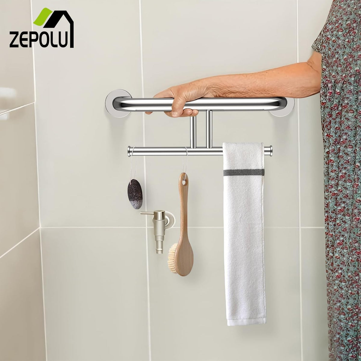 Brushed Nickel Handicap Grab Bar with Toilet Paper Roll Holder | 2-in-1 Safety Bar 17 Inch, Stainless Steel, Bathroom Toilet Grab Bar for Senior Elderly, Balance Support Handle, Wall Mounted