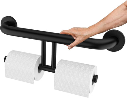 Brushed Nickel Handicap Grab Bar with Toilet Paper Roll Holder | 2-in-1 Safety Bar 17 Inch, Stainless Steel, Bathroom Toilet Grab Bar for Senior Elderly, Balance Support Handle, Wall Mounted