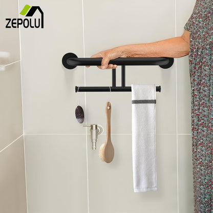 Brushed Nickel Handicap Grab Bar with Toilet Paper Roll Holder | 2-in-1 Safety Bar 17 Inch, Stainless Steel, Bathroom Toilet Grab Bar for Senior Elderly, Balance Support Handle, Wall Mounted