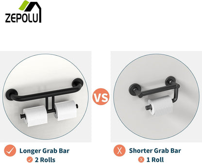 Brushed Nickel Handicap Grab Bar with Toilet Paper Roll Holder | 2-in-1 Safety Bar 17 Inch, Stainless Steel, Bathroom Toilet Grab Bar for Senior Elderly, Balance Support Handle, Wall Mounted