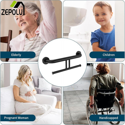 Brushed Nickel Handicap Grab Bar with Toilet Paper Roll Holder | 2-in-1 Safety Bar 17 Inch, Stainless Steel, Bathroom Toilet Grab Bar for Senior Elderly, Balance Support Handle, Wall Mounted