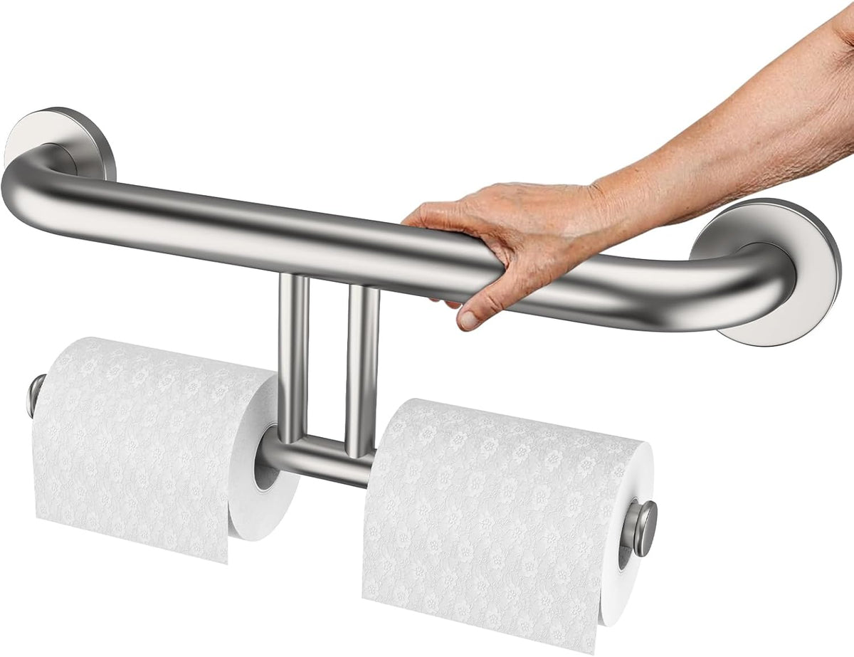 Brushed Nickel Handicap Grab Bar with Toilet Paper Roll Holder | 2-in-1 Safety Bar 17 Inch, Stainless Steel, Bathroom Toilet Grab Bar for Senior Elderly, Balance Support Handle, Wall Mounted