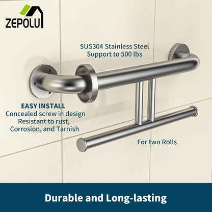Brushed Nickel Handicap Grab Bar with Toilet Paper Roll Holder | 2-in-1 Safety Bar 17 Inch, Stainless Steel, Bathroom Toilet Grab Bar for Senior Elderly, Balance Support Handle, Wall Mounted