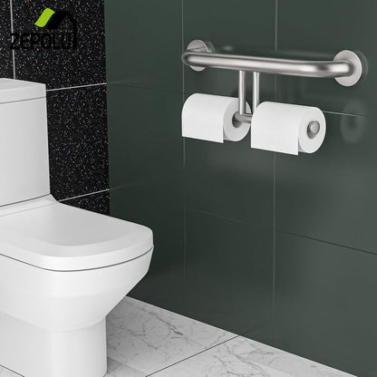 Brushed Nickel Handicap Grab Bar with Toilet Paper Roll Holder | 2-in-1 Safety Bar 17 Inch, Stainless Steel, Bathroom Toilet Grab Bar for Senior Elderly, Balance Support Handle, Wall Mounted