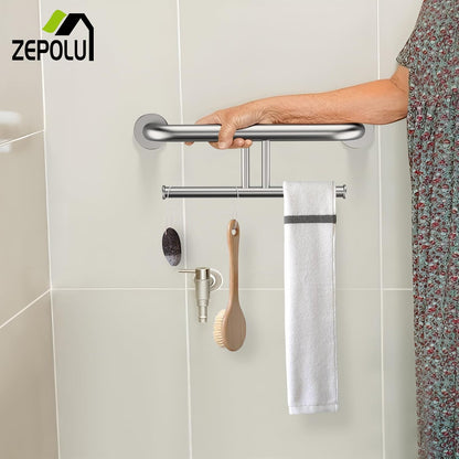Brushed Nickel Handicap Grab Bar with Toilet Paper Roll Holder | 2-in-1 Safety Bar 17 Inch, Stainless Steel, Bathroom Toilet Grab Bar for Senior Elderly, Balance Support Handle, Wall Mounted