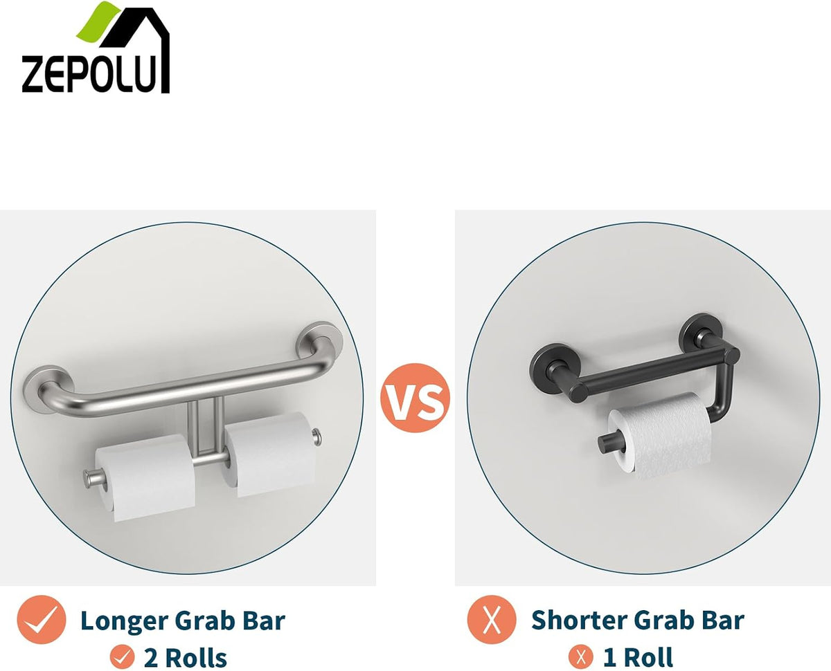 Brushed Nickel Handicap Grab Bar with Toilet Paper Roll Holder | 2-in-1 Safety Bar 17 Inch, Stainless Steel, Bathroom Toilet Grab Bar for Senior Elderly, Balance Support Handle, Wall Mounted