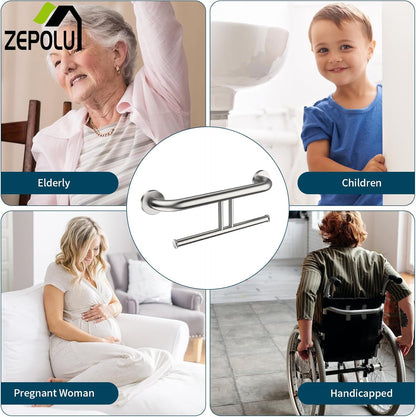 Brushed Nickel Handicap Grab Bar with Toilet Paper Roll Holder | 2-in-1 Safety Bar 17 Inch, Stainless Steel, Bathroom Toilet Grab Bar for Senior Elderly, Balance Support Handle, Wall Mounted
