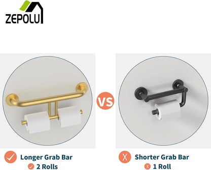 Brushed Nickel Handicap Grab Bar with Toilet Paper Roll Holder | 2-in-1 Safety Bar 17 Inch, Stainless Steel, Bathroom Toilet Grab Bar for Senior Elderly, Balance Support Handle, Wall Mounted