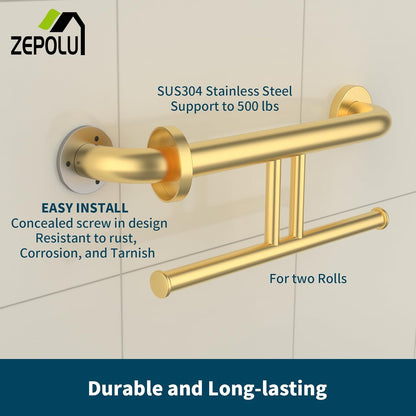 Brushed Nickel Handicap Grab Bar with Toilet Paper Roll Holder | 2-in-1 Safety Bar 17 Inch, Stainless Steel, Bathroom Toilet Grab Bar for Senior Elderly, Balance Support Handle, Wall Mounted