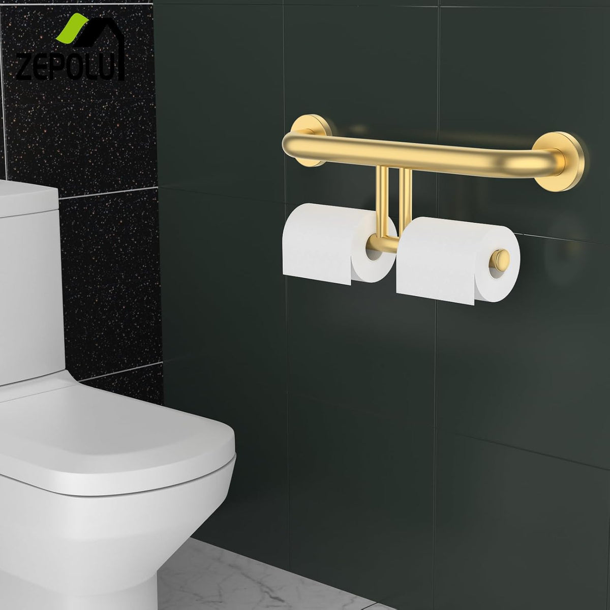 Brushed Nickel Handicap Grab Bar with Toilet Paper Roll Holder | 2-in-1 Safety Bar 17 Inch, Stainless Steel, Bathroom Toilet Grab Bar for Senior Elderly, Balance Support Handle, Wall Mounted