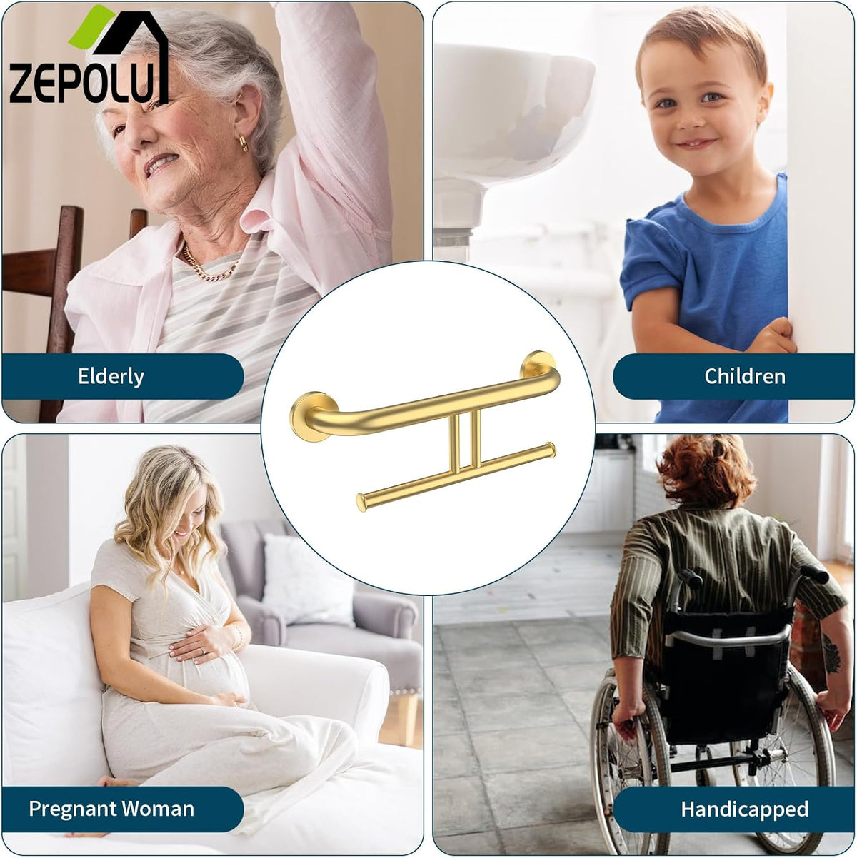 Brushed Nickel Handicap Grab Bar with Toilet Paper Roll Holder | 2-in-1 Safety Bar 17 Inch, Stainless Steel, Bathroom Toilet Grab Bar for Senior Elderly, Balance Support Handle, Wall Mounted
