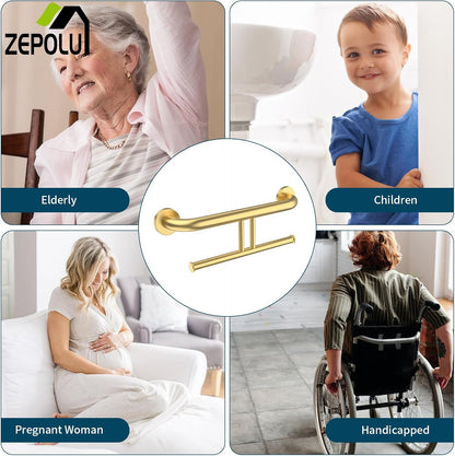 Brushed Nickel Handicap Grab Bar with Toilet Paper Roll Holder | 2-in-1 Safety Bar 17 Inch, Stainless Steel, Bathroom Toilet Grab Bar for Senior Elderly, Balance Support Handle, Wall Mounted