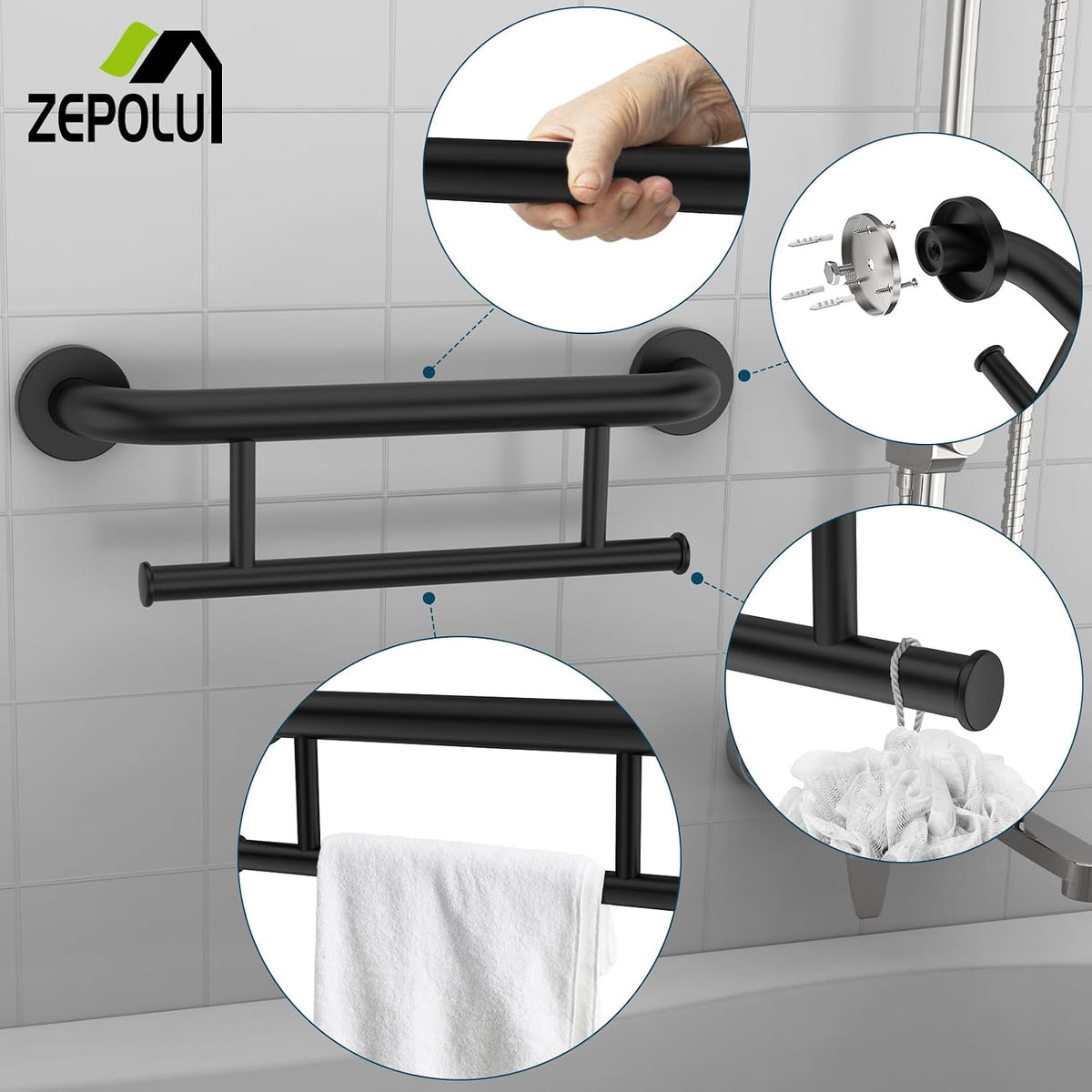Brushed Nickel Handicap Grab Bar with Toilet Paper Roll Holder | 2-in-1 Safety Bar 17 Inch, Stainless Steel, Bathroom Toilet Grab Bar for Senior Elderly, Balance Support Handle, Wall Mounted