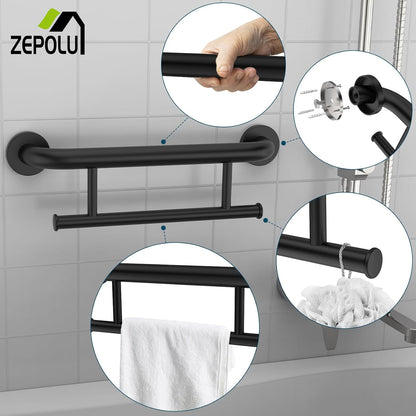 Brushed Nickel Handicap Grab Bar with Toilet Paper Roll Holder | 2-in-1 Safety Bar 17 Inch, Stainless Steel, Bathroom Toilet Grab Bar for Senior Elderly, Balance Support Handle, Wall Mounted