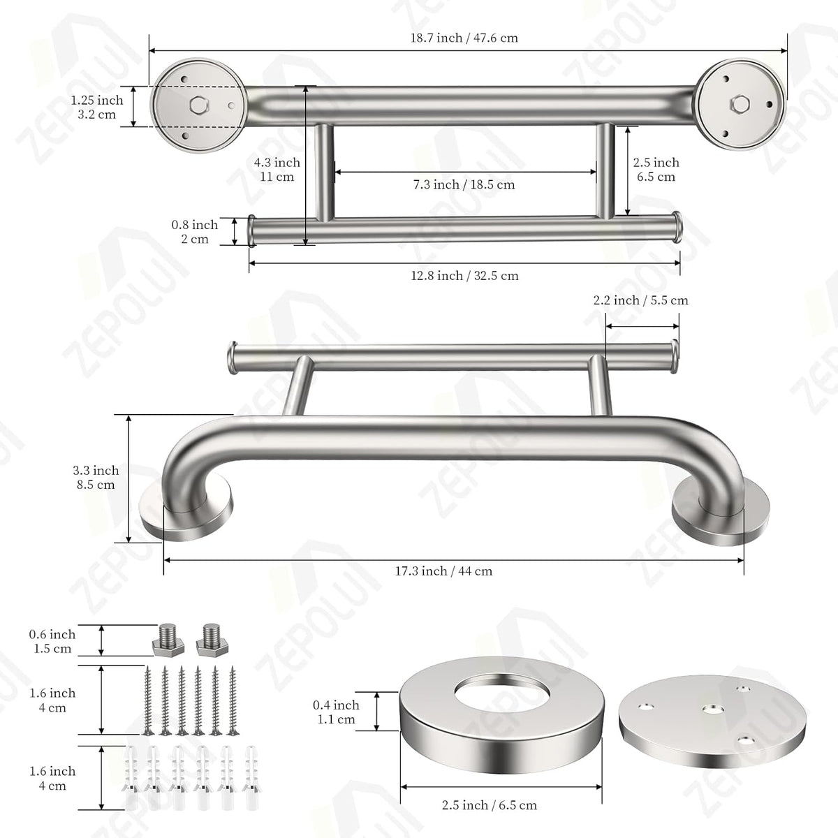 Brushed Nickel Handicap Grab Bar with Toilet Paper Roll Holder | 2-in-1 Safety Bar 17 Inch, Stainless Steel, Bathroom Toilet Grab Bar for Senior Elderly, Balance Support Handle, Wall Mounted