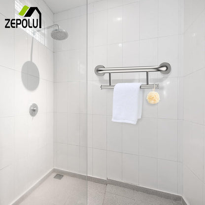 Brushed Nickel Handicap Grab Bar with Toilet Paper Roll Holder | 2-in-1 Safety Bar 17 Inch, Stainless Steel, Bathroom Toilet Grab Bar for Senior Elderly, Balance Support Handle, Wall Mounted