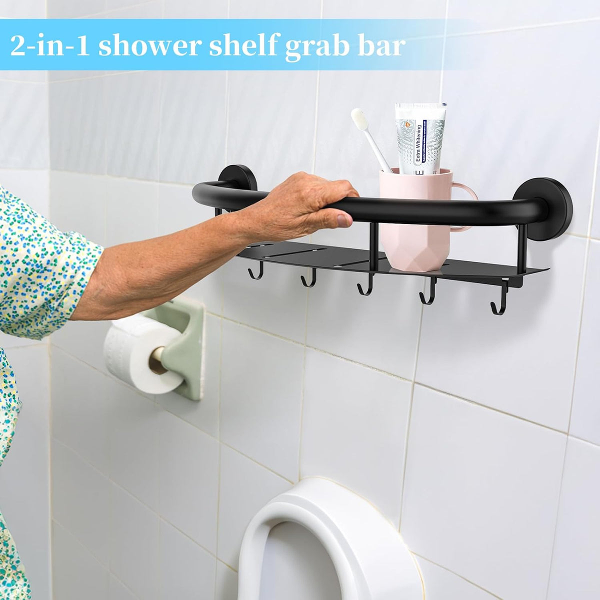 Brushed Nickel Handicap Grab Bar with Toilet Paper Roll Holder | 2-in-1 Safety Bar 17 Inch, Stainless Steel, Bathroom Toilet Grab Bar for Senior Elderly, Balance Support Handle, Wall Mounted