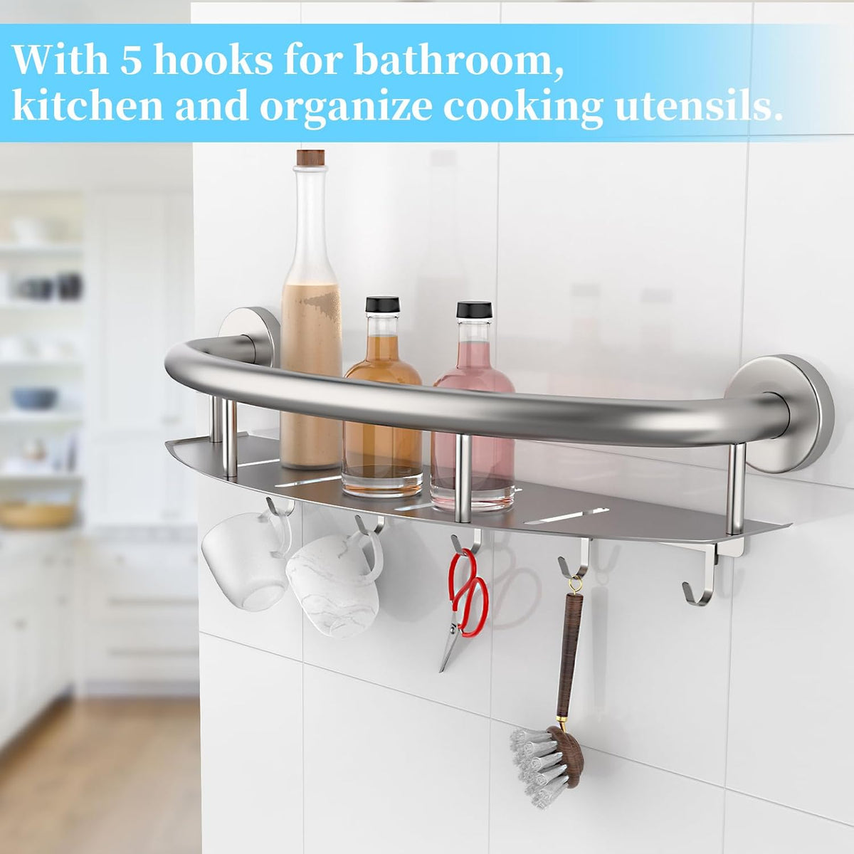 Brushed Nickel Handicap Grab Bar with Toilet Paper Roll Holder | 2-in-1 Safety Bar 17 Inch, Stainless Steel, Bathroom Toilet Grab Bar for Senior Elderly, Balance Support Handle, Wall Mounted