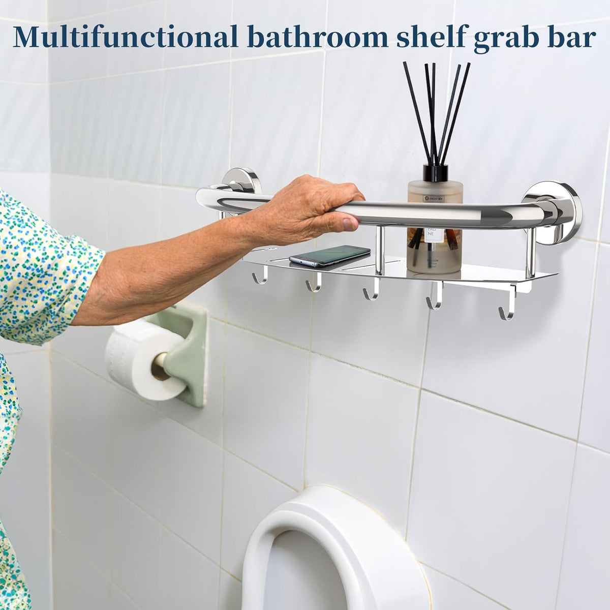 Brushed Nickel Handicap Grab Bar with Toilet Paper Roll Holder | 2-in-1 Safety Bar 17 Inch, Stainless Steel, Bathroom Toilet Grab Bar for Senior Elderly, Balance Support Handle, Wall Mounted