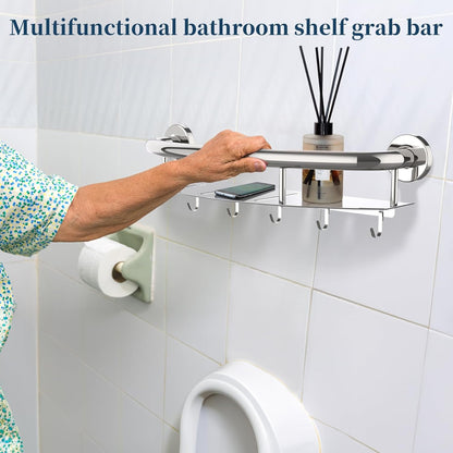 Brushed Nickel Handicap Grab Bar with Toilet Paper Roll Holder | 2-in-1 Safety Bar 17 Inch, Stainless Steel, Bathroom Toilet Grab Bar for Senior Elderly, Balance Support Handle, Wall Mounted