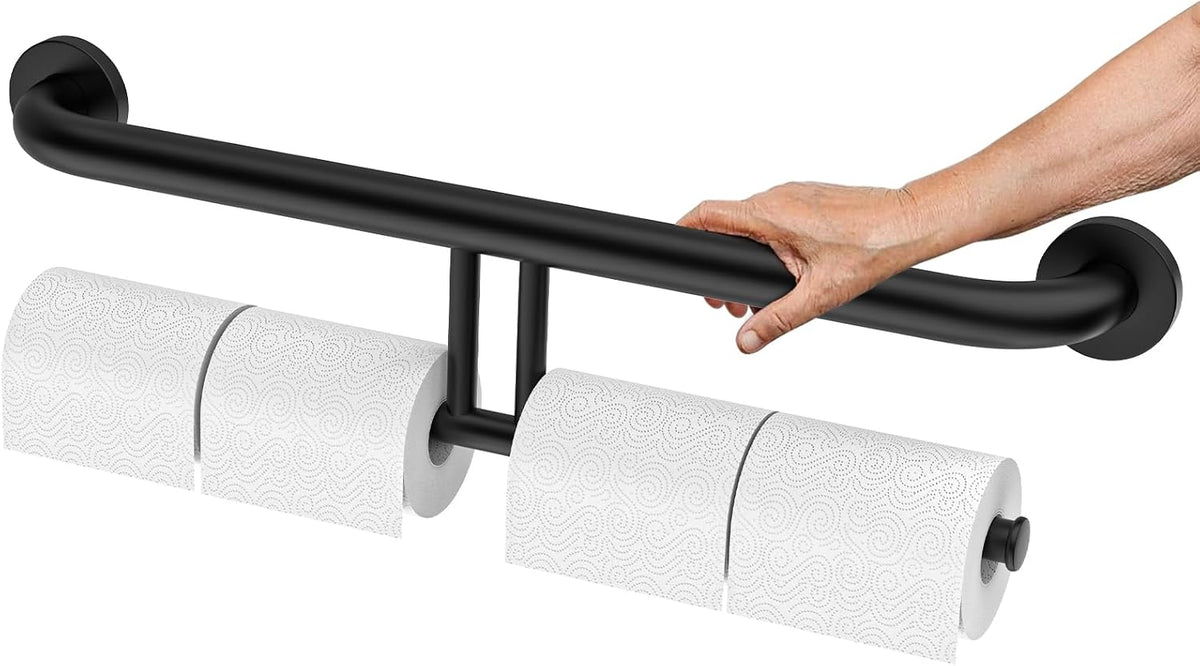 Brushed Nickel Handicap Grab Bar with Toilet Paper Roll Holder | 2-in-1 Safety Bar 17 Inch, Stainless Steel, Bathroom Toilet Grab Bar for Senior Elderly, Balance Support Handle, Wall Mounted