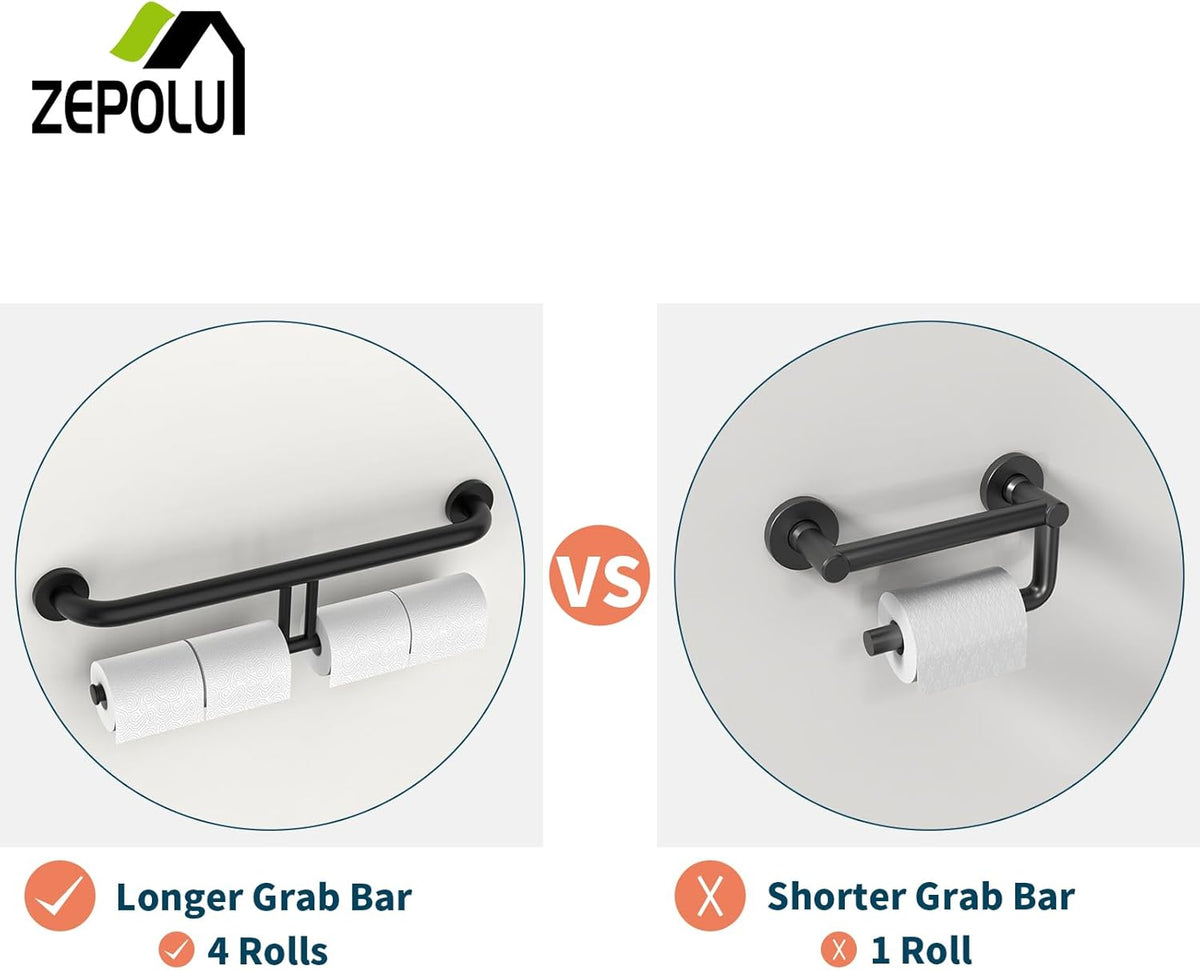 Brushed Nickel Handicap Grab Bar with Toilet Paper Roll Holder | 2-in-1 Safety Bar 17 Inch, Stainless Steel, Bathroom Toilet Grab Bar for Senior Elderly, Balance Support Handle, Wall Mounted