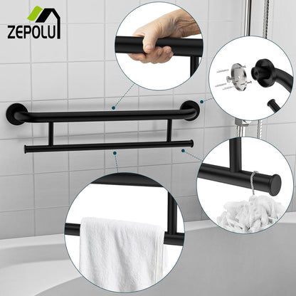 Brushed Nickel Handicap Grab Bar with Toilet Paper Roll Holder | 2-in-1 Safety Bar 17 Inch, Stainless Steel, Bathroom Toilet Grab Bar for Senior Elderly, Balance Support Handle, Wall Mounted