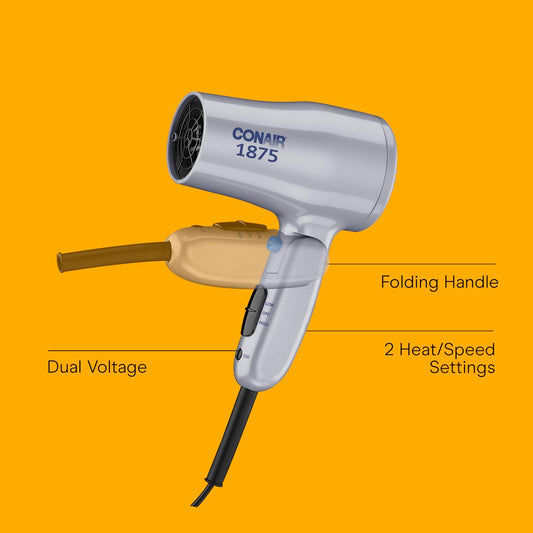 Compact Hair Dryer, Travel Blow Dryer Folding Hair Dryers for Women, 1875W Travel Hair Dryer, Lightweight Hairdryer, Dual Voltage Hair Dryer for World Travel, 2 Heat/2 Speed, Cool Shot, Grey