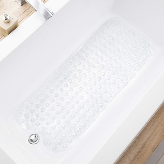 Bathtub Mats for Shower Tub, Extra Long Non-Slip 39 x 16 Inch Bath Mat with Drain Holes and Suction Cups, BathMat for Bathroom with Machine Washable (Clear Grey)