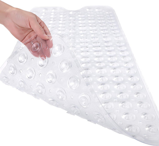 Bathtub Mats for Shower Tub, Extra Long Non-Slip 39 x 16 Inch Bath Mat with Drain Holes and Suction Cups, BathMat for Bathroom with Machine Washable (Clear Grey)