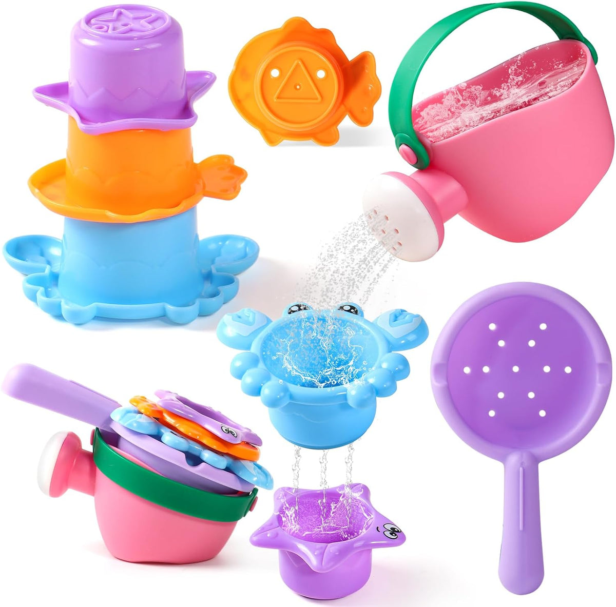 Toddler Bath Toys for Kids Ages 1-3 Stack, Scoop & Pour Set | Drain Quickly Nest for Easy Storage with 3 Animal Stacking Cups, Watering Can & Scoop for Floating Bathub Water Table Play