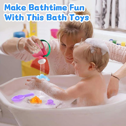 Toddler Bath Toys for Kids Ages 1-3 Stack, Scoop & Pour Set | Drain Quickly Nest for Easy Storage with 3 Animal Stacking Cups, Watering Can & Scoop for Floating Bathub Water Table Play
