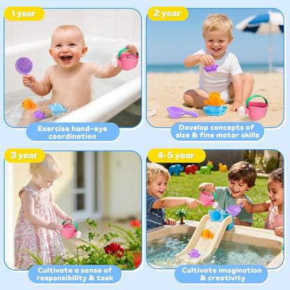 Toddler Bath Toys for Kids Ages 1-3 Stack, Scoop & Pour Set | Drain Quickly Nest for Easy Storage with 3 Animal Stacking Cups, Watering Can & Scoop for Floating Bathub Water Table Play