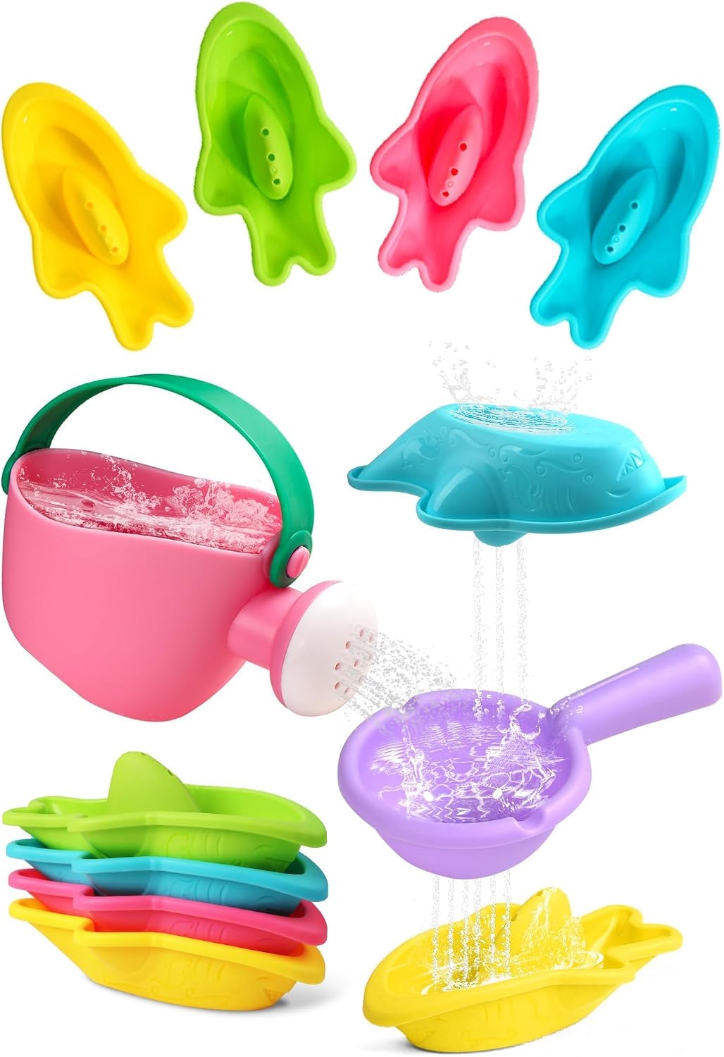 Toddler Bath Toys for Kids Ages 1-3 Stack, Scoop & Pour Set | Drain Quickly Nest for Easy Storage with 3 Animal Stacking Cups, Watering Can & Scoop for Floating Bathub Water Table Play
