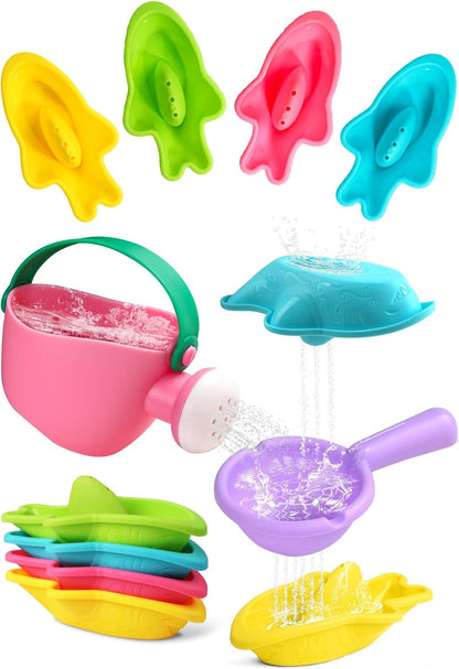 Toddler Bath Toys for Kids Ages 1-3 Stack, Scoop & Pour Set | Drain Quickly Nest for Easy Storage with 3 Animal Stacking Cups, Watering Can & Scoop for Floating Bathub Water Table Play