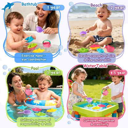 Toddler Bath Toys for Kids Ages 1-3 Stack, Scoop & Pour Set | Drain Quickly Nest for Easy Storage with 3 Animal Stacking Cups, Watering Can & Scoop for Floating Bathub Water Table Play