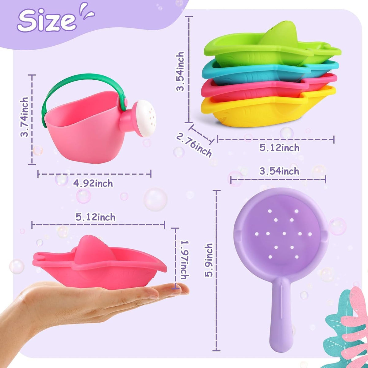 Toddler Bath Toys for Kids Ages 1-3 Stack, Scoop & Pour Set | Drain Quickly Nest for Easy Storage with 3 Animal Stacking Cups, Watering Can & Scoop for Floating Bathub Water Table Play