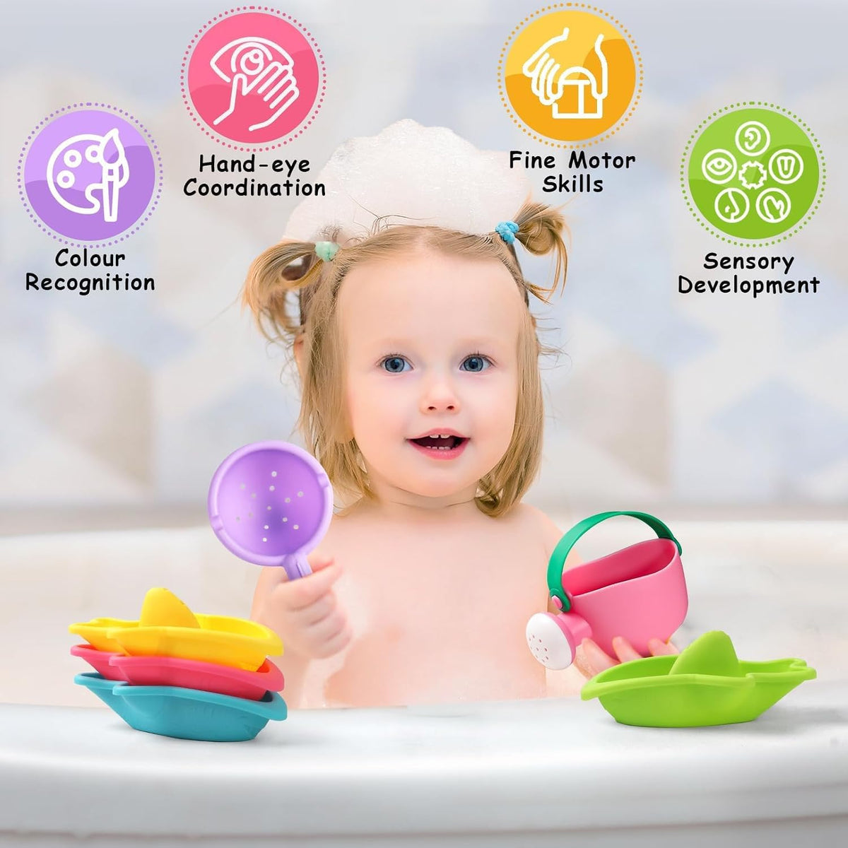 Toddler Bath Toys for Kids Ages 1-3 Stack, Scoop & Pour Set | Drain Quickly Nest for Easy Storage with 3 Animal Stacking Cups, Watering Can & Scoop for Floating Bathub Water Table Play