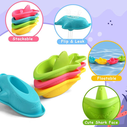 Toddler Bath Toys for Kids Ages 1-3 Stack, Scoop & Pour Set | Drain Quickly Nest for Easy Storage with 3 Animal Stacking Cups, Watering Can & Scoop for Floating Bathub Water Table Play