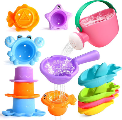 Toddler Bath Toys for Kids Ages 1-3 Stack, Scoop & Pour Set | Drain Quickly Nest for Easy Storage with 3 Animal Stacking Cups, Watering Can & Scoop for Floating Bathub Water Table Play