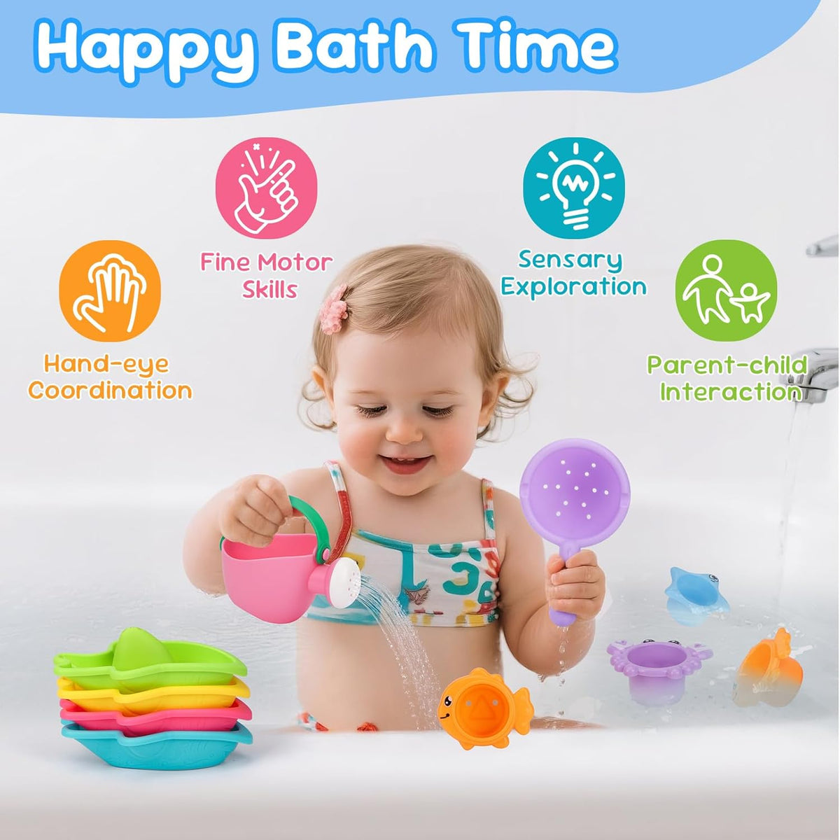 Toddler Bath Toys for Kids Ages 1-3 Stack, Scoop & Pour Set | Drain Quickly Nest for Easy Storage with 3 Animal Stacking Cups, Watering Can & Scoop for Floating Bathub Water Table Play