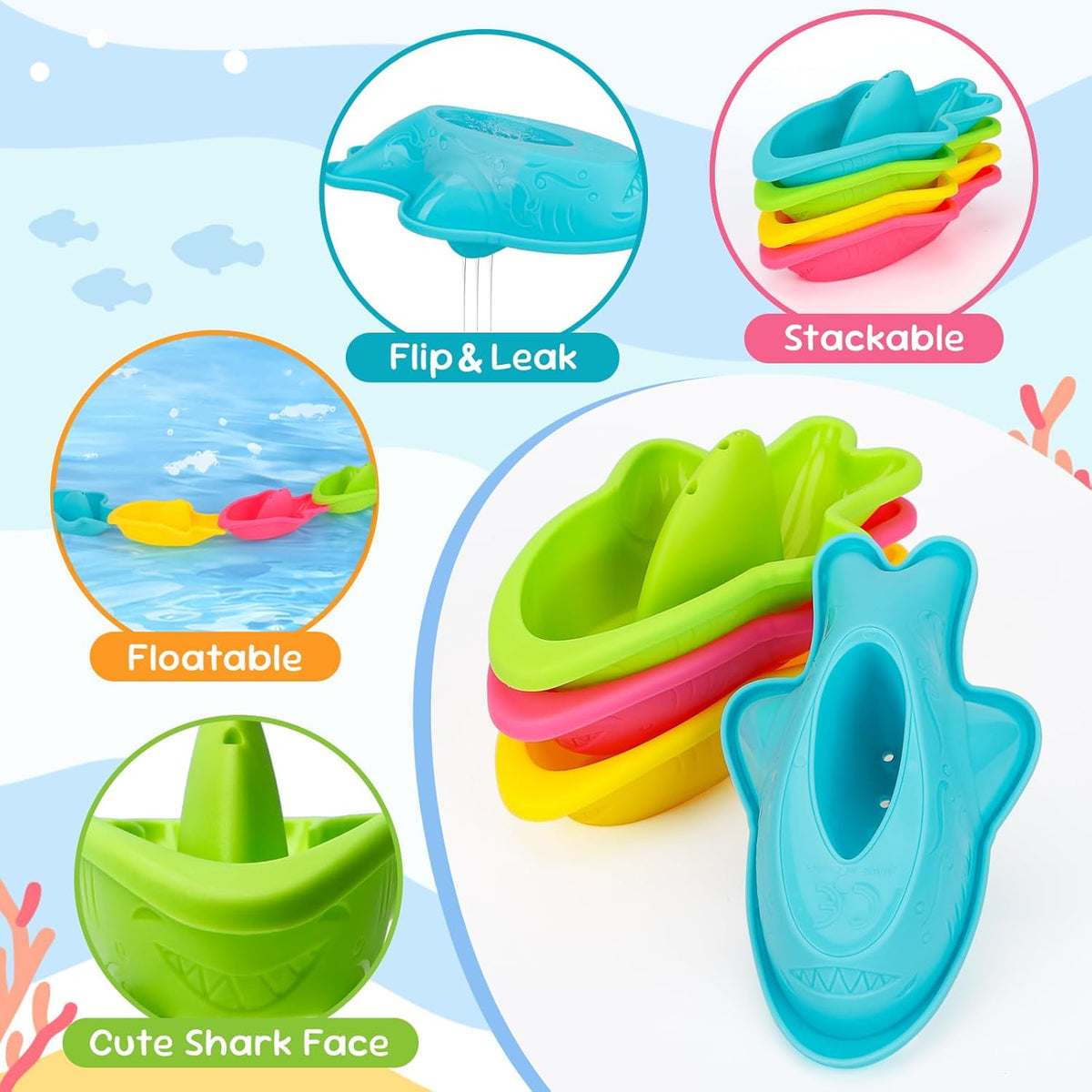 Toddler Bath Toys for Kids Ages 1-3 Stack, Scoop & Pour Set | Drain Quickly Nest for Easy Storage with 3 Animal Stacking Cups, Watering Can & Scoop for Floating Bathub Water Table Play