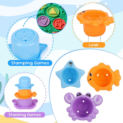 Toddler Bath Toys for Kids Ages 1-3 Stack, Scoop & Pour Set | Drain Quickly Nest for Easy Storage with 3 Animal Stacking Cups, Watering Can & Scoop for Floating Bathub Water Table Play