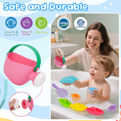 Toddler Bath Toys for Kids Ages 1-3 Stack, Scoop & Pour Set | Drain Quickly Nest for Easy Storage with 3 Animal Stacking Cups, Watering Can & Scoop for Floating Bathub Water Table Play