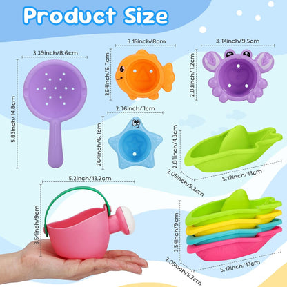 Toddler Bath Toys for Kids Ages 1-3 Stack, Scoop & Pour Set | Drain Quickly Nest for Easy Storage with 3 Animal Stacking Cups, Watering Can & Scoop for Floating Bathub Water Table Play
