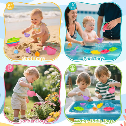 Toddler Bath Toys for Kids Ages 1-3 Stack, Scoop & Pour Set | Drain Quickly Nest for Easy Storage with 3 Animal Stacking Cups, Watering Can & Scoop for Floating Bathub Water Table Play
