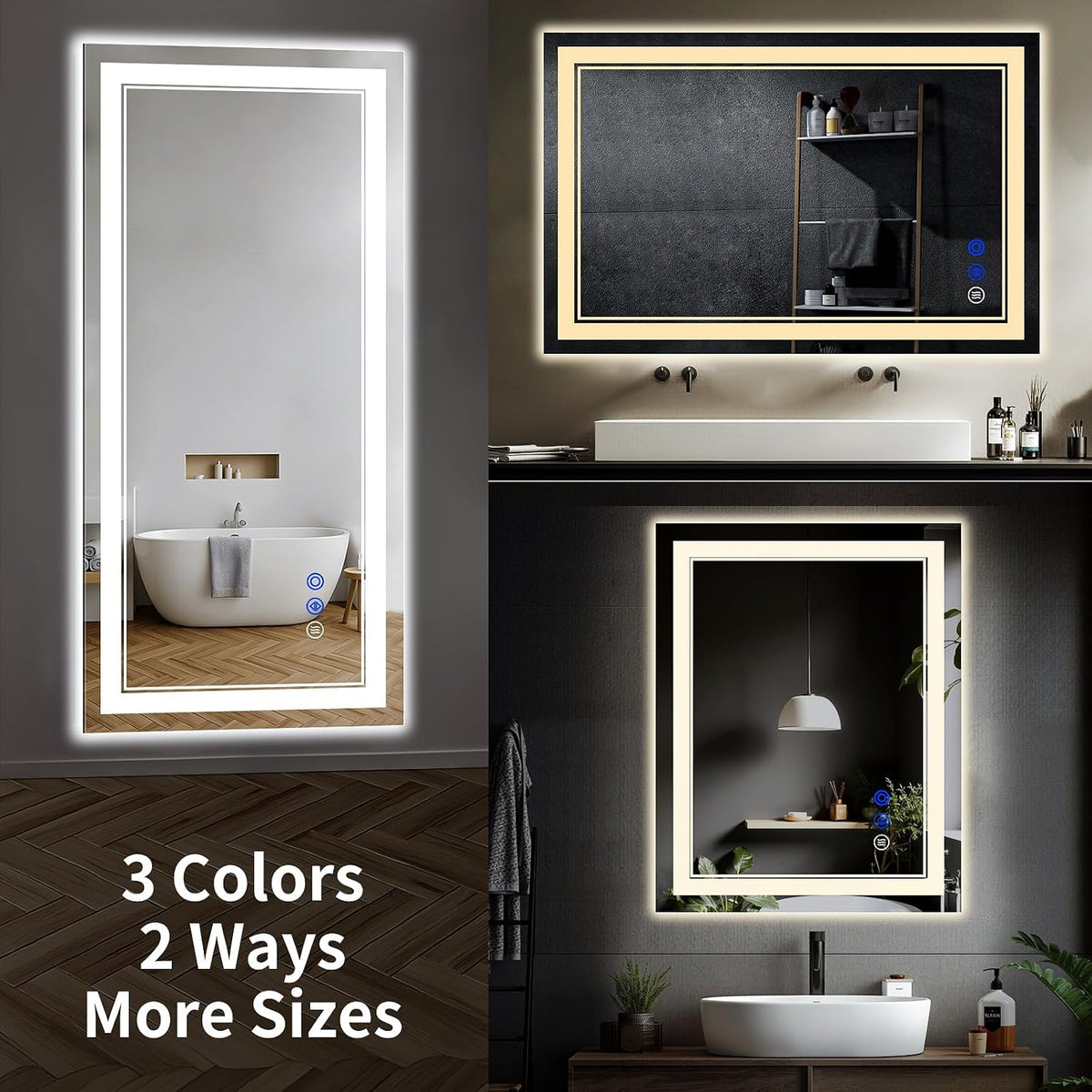 30"x22" LED Bathroom Mirror with Lights,Anti-Fog,3 Color Modes - Colors A