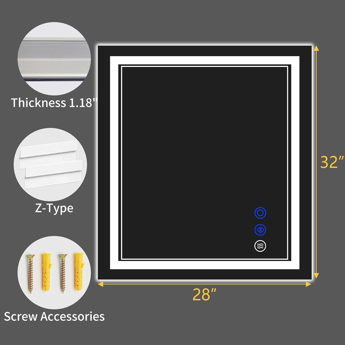 30"x22" LED Bathroom Mirror with Lights,Anti-Fog,3 Color Modes - Colors A
